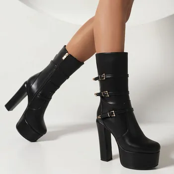 Женские ботинки Gnazhee, черные зимние ботинки на очень высоком каблуке 14 см, платформа, современные ботильоны, ремешки с пряжкой