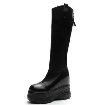 Зимние осенние ботинки на платформе из микрофибры длиной 11 см, женские плюшевые сапоги до колена, Современный черный Модный скрытый каблук