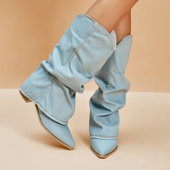 Плиссированные ковбойские сапоги на массивном каблуке, женские осенние синие джинсовые сапоги до колена, 2023, женские длинные сапоги в западном стиле с острым носком, большие размеры 42