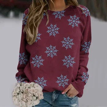 Женские толстовки Оверсайз с Рождественским принтом в виде снежинок, пуловер с длинными рукавами 2023, Модная толстовка с открытыми плечами, свитер