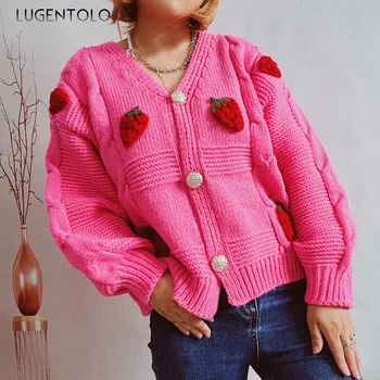 Женские свитера с клубничной вышивкой, однобортные женские свитера, Новая мода, осень-зима, повседневная короткая ткань