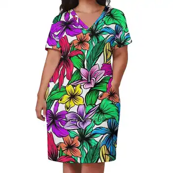 Яркий тропический гибискус С цветочным узором, V-образный вырез, юбка с коротким рукавом, Узкие юбки, Свободное элегантное модное платье 5Xl, яркое смелое