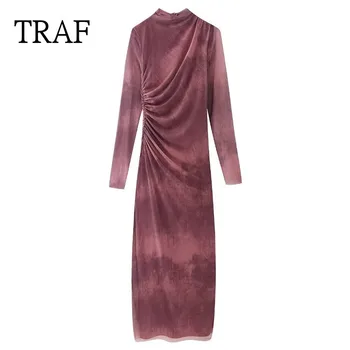 TRAF 2023, женские платья с сетчатым принтом, платье с рюшами и длинным рукавом, женская одежда, винтажное повседневное платье миди, летние облегающие платья