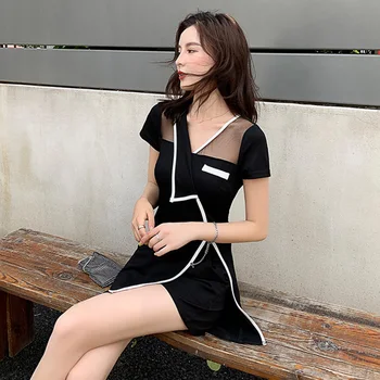 Летнее Черное сексуальное Клубное мини-платье в стиле пэчворк, женское Корейское Винтажное платье-костюм-двойка от Хепберн 2023, Элегантное облегающее вечернее платье Vestido