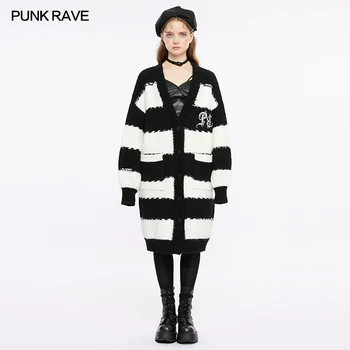 Женское панк-пальто в стиле панк-РЕЙВ, вязаное длинное повседневное с вышивкой логотипа, свободные топы в толстую теплую полоску в стиле Академии