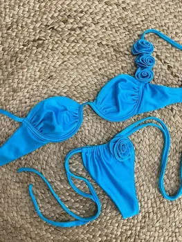 Бикини Пуш-ап с 3D цветами 2024, женский купальник, женские купальники, сексуальный комплект бикини, Бразильский купальник-бикини, однотонная пляжная одежда