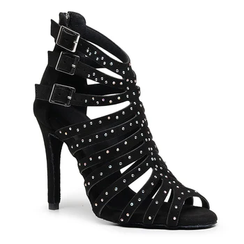 Женская обувь для современных танцев Rhinestione Balck, обувь для девочек на высоких каблуках, Замша, Резина, Сальса, Джаз, Латиноамериканские туфли для танцев на ремешках, Кубинские туфли на тонких каблуках