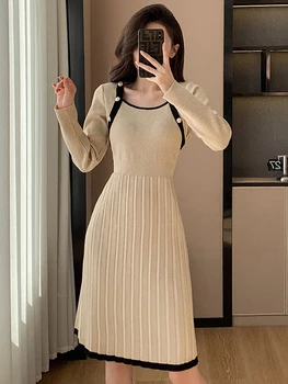 Высококачественное осенне-зимнее платье-свитер, женское элегантное трикотажное платье с квадратным воротником, длинным рукавом, высокой талией, тонкое трикотажное платье длиной до колен
