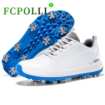 Горячая распродажа мужской обуви для гольфа, сине-белая спортивная обувь, мужская обувь для гольфа с противоскользящими шипами, мужская обувь для ходьбы класса люкс, мужская обувь для гольфа