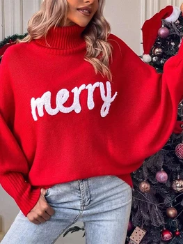 Рождественский свитер с высоким воротом, женский пуловер с длинным рукавом и буквенной вышивкой, вязаный топ, теплые уютные топы, Рождественский свитер