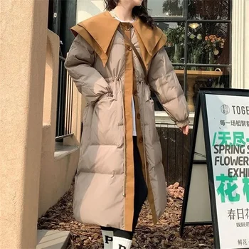 Корейский кукольный воротник, Нишевый дизайн, Длинный, до колен, хлопковый, для похудения талии, Зимнее новое пальто в тон