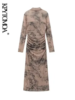 KPYTOMOA-Женское Тюлевое платье Миди С Рюшами и Принтом, Высокий вырез, Длинный рукав, Женские платья, Мода