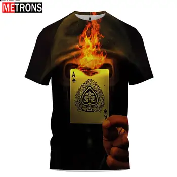 Мужская футболка с рисунком покерной карты в стиле хип-хоп 2023, летняя футболка для отдыха с рисунком покера с пламенем, футболка с 3D-принтом на шее