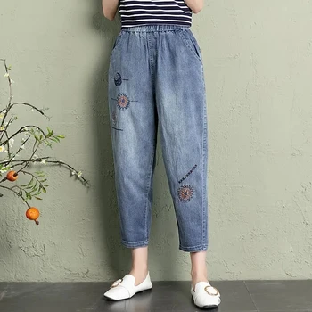 Летние джинсы с эластичной резинкой на талии, женские винтажные джинсовые брюки с вышивкой, женские повседневные Ретро-цветочные ковбойские модные укороченные шаровары