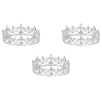3X Royal King Crown Для мужчин - Металлические Короны и Диадемы Для принцев, Круглые Шляпы для празднования Дня рождения, Средневековые (Серебристый цвет)