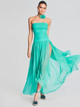 BEVENCCEL 2023 Новое летнее женское небесно-голубое сексуальное плиссированное длинное платье без бретелек с открытой спиной, элегантное вечернее платье для вечеринки знаменитостей