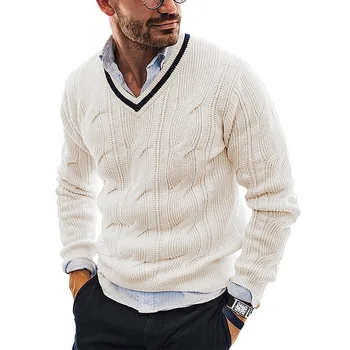 Универсальный вязаный свитер, мужской повседневный винтажный теплый пуловер с высокой эластичностью и V-образным вырезом, свитер для осенне-зимнего стиля