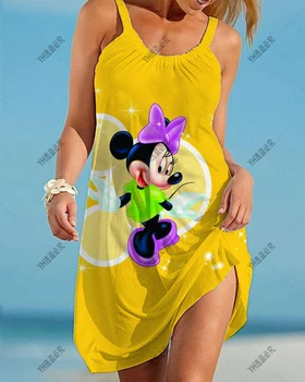 Платье Disney Minnie Mouse 2023, летнее женское сексуальное богемное пляжное платье с круглым вырезом и цветочным принтом, свободное мини-платье без рукавов