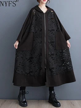 NYFS 2023, Осень-зима, Новое женское пальто с длинным рукавом, винтажный свободный кардиган большого размера, повседневная ветровка с капюшоном