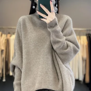 100% Шерстяной вязаный кашемировый свитер, Женский пуловер с высоким воротом, осенне-зимний Корейский модный свитер, плащ с рукавами 