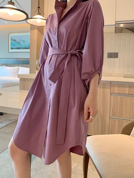 Женское платье-рубашка средней длины, Весна 2023, Новый стиль, Темперамент, рукава-фонарики, фиолетовый дизайн, кажущийся маленьким
