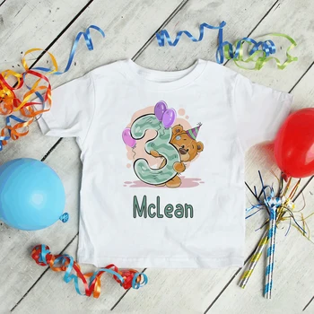 Персонализированная детская футболка на день рождения, одежда на заказ для мальчиков и девочек, детская рубашка с рисунком медведя из мультфильма 1-9, милый подарок на День рождения, белая футболка