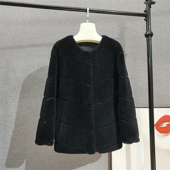 Женское Свободное пальто из овечьей шерсти, Зимняя Женская теплая куртка с круглым вырезом, пальто JT353