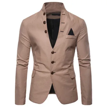 Красивый весенний мужской блейзер с воротником-стойкой и пуговицами, приталенный блейзер / мужской Высококачественный повседневный однотонный костюм, куртка, пальто