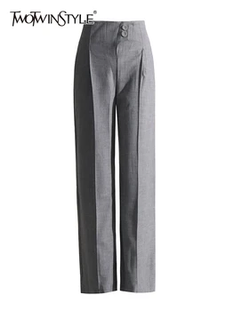 TWOTWINSTYLE Однотонные повседневные свободные лоскутные брюки на пуговицах с высокой талией, минималистичные брюки с прямыми штанинами, женская модная одежда