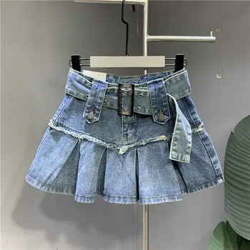 Короткая юбка джинсовая ретро Baby blue hot girl плиссированная джинсовая юбка 2023 Трапециевидная юбка плиссированная юбка Свободного кроя Slim
