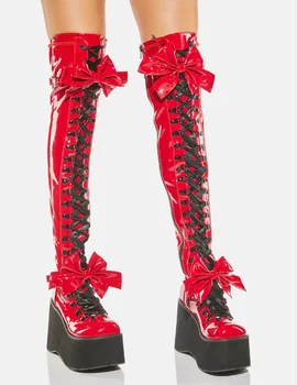 Красные Сапоги выше колена на платформе Из лакированной кожи с бантом и Массивной Подошвой Спереди На шнуровке, Женская Зимняя Милая Модная Повседневная обувь в стиле Панк