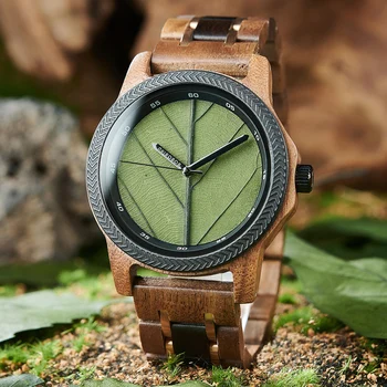 Мужские деревянные часы с натуральным листом, часы BOBO BIRD Watch, циферблат с листьями, оригинальные деревянные часы, часы с гравировкой, подарок мужчине на годовщину.