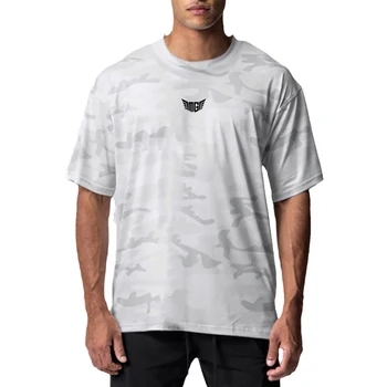 Камуфляжная футболка оверсайз, Мужская футболка с заниженным плечом и короткими рукавами, Летняя спортивная сетка, Свободная баскетбольная майка, одежда для спортзала