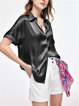 Женская рубашка 2023, новинка, 100% Шелк, отложной воротник, Однобортная Мягкая Свободная повседневная блузка с коротким рукавом