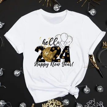 Женская футболка с принтом Hello 2024, С Новым Годом, Праздничный Женский наряд, Топы, Зимняя Новогодняя Футболка С коротким рукавом, Повседневная одежда для девочек