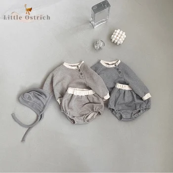 Комплект хлопчатобумажной одежды для новорожденных девочек и мальчиков, футболка + короткая детская одежда, пуловер в полоску с длинным рукавом, детская одежда 3-18 м