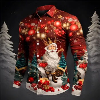 Гавайи, Рождественские Рубашки с 3D-принтом Санта-Клауса, мужские повседневные однобортные топы с длинными рукавами, Одежда для новогодних каникул