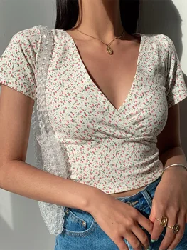 Летняя футболка с V-образным вырезом в стиле французского ретро с цветочным рисунком и короткими рукавами, женская футболка wild с высокой талией для похудения, женский топ