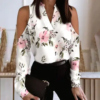 Женская осенняя рубашка с открытыми плечами, длинными рукавами и V-образным вырезом, Мягкие Теплые женские весенние топы с сердечками для работы