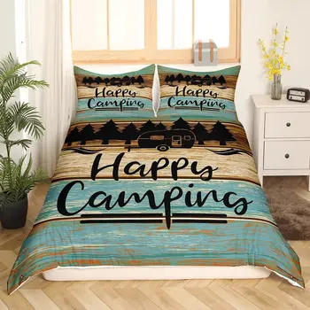 Комплект постельного белья для кемпинга Twin King в натуральную величину для подростков, пододеяльник для взрослых, стеганое одеяло Happy Camping, 3 предмета с 2 наволочками