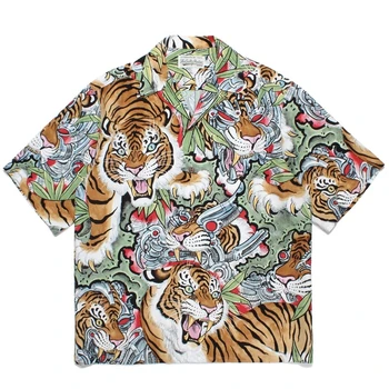 Летняя рубашка WACKO MARIA с коротким рукавом высокого качества 1:1 с принтом Тигр Гавайи Пляжный отдых Мужская Женская Свободная повседневная рубашка