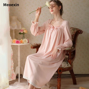 Meoexin/ Новое Пижамное платье с длинными рукавами, женское Хлопковое Кружевное платье принцессы в стиле ретро, Милая Домашняя одежда Свободного кроя, Пижама большого Размера