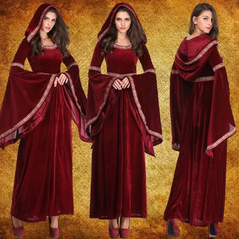 2024 Роскошный женский сценический костюм для взрослых средневековья для ролевых игр, костюм вампира на Хэллоуин, готическая толстовка с капюшоном, вечернее платье ведьмы