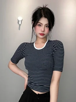 Корея, обтягивающая тонкую сексуальную грудь, футболка в полоску с большим коротким рукавом, Женские нижние футболки, модные топы 2023 C791