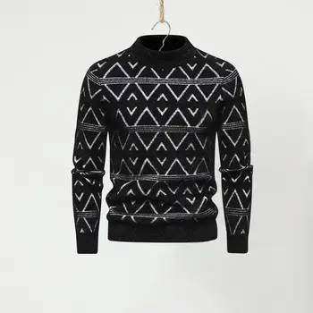 Мужской свитер с геометрическим рисунком, Мужской вязаный свитер с геометрическим рисунком, Мягкий теплый пуловер с круглым вырезом для осенне-зимней моды в рубчик
