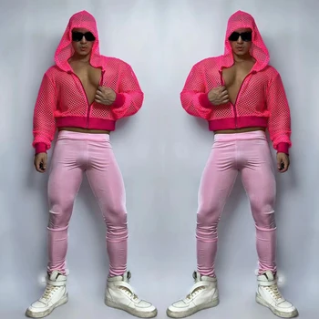 Флуоресцентное розовое сетчатое пальто Брюки Мужская одежда для танцев на шесте Костюм ночного клуба Ds Dj Gogo Фестивальная одежда Сценическая клубная одежда XS5054