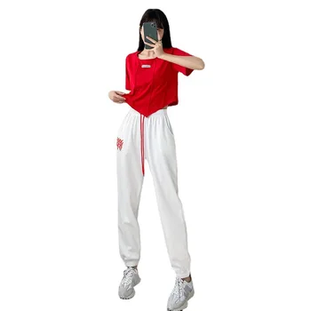 Джазовый костюм, женская одежда в стиле хип-хоп, красные топы, белые брюки в стиле хип-хоп с коротким рукавом, для выступлений взрослых, современная танцевальная одежда
