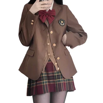Новый модный кофейно-коричневый блейзер JK, женская униформа, куртка, короткая красная плиссированная юбка в стиле Аниме, летняя весенняя школьная форма для девочек