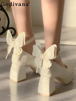 Модные Элегантные женские туфли на высоком каблуке с круглым носком во французском стиле, милая обувь Мэри Джейн, обувь в стиле феи с бантом в стиле Лолиты для дам