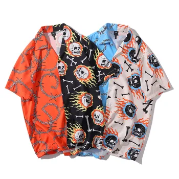 Винтажная рубашка в стиле пэчворк с принтом Черепа, Летняя Новинка, Модные Мужские Гавайские Пляжные рубашки с коротким рукавом, Мужская рубашка Оверсайз